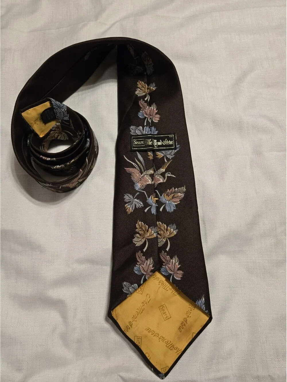 VTG 70s Sears The Mens Store Crane Bird Leaf Embroidered Brown Poly Wide Necktie